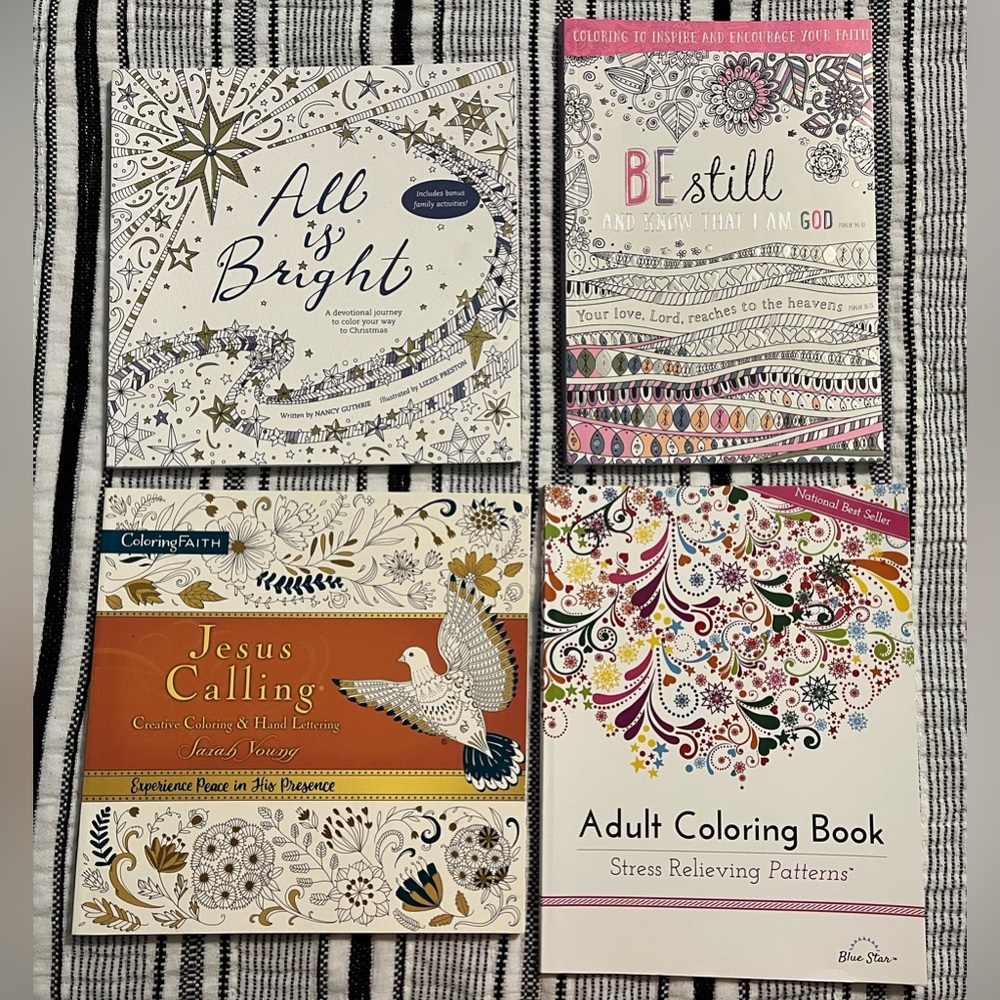New! 4 Adult Coloring Book Bundle- 3 Christian/ 1 Stress Relieving Patterns